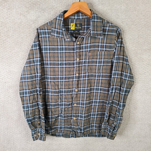 Browning Shirt Mens Medium Brown Gray Plaid Flannel Button Down Hunting Cotton‎ - Picture 1 of 10